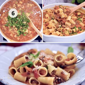 Collage visto desde arriba: sartén blanco con pasta corta en salsa de tomate y carne molida, albahaca picada encima; a la derecha, cucharón levantando porción; abajo, plato servido con parmesano y hojas de albahaca, con tenedor.