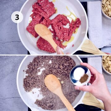 Carne molida dorándose en sartén blanco con aceite de oliva; luego se sazona con sal y pimienta. Vista superior, paso 3 de pasta con carne molida.