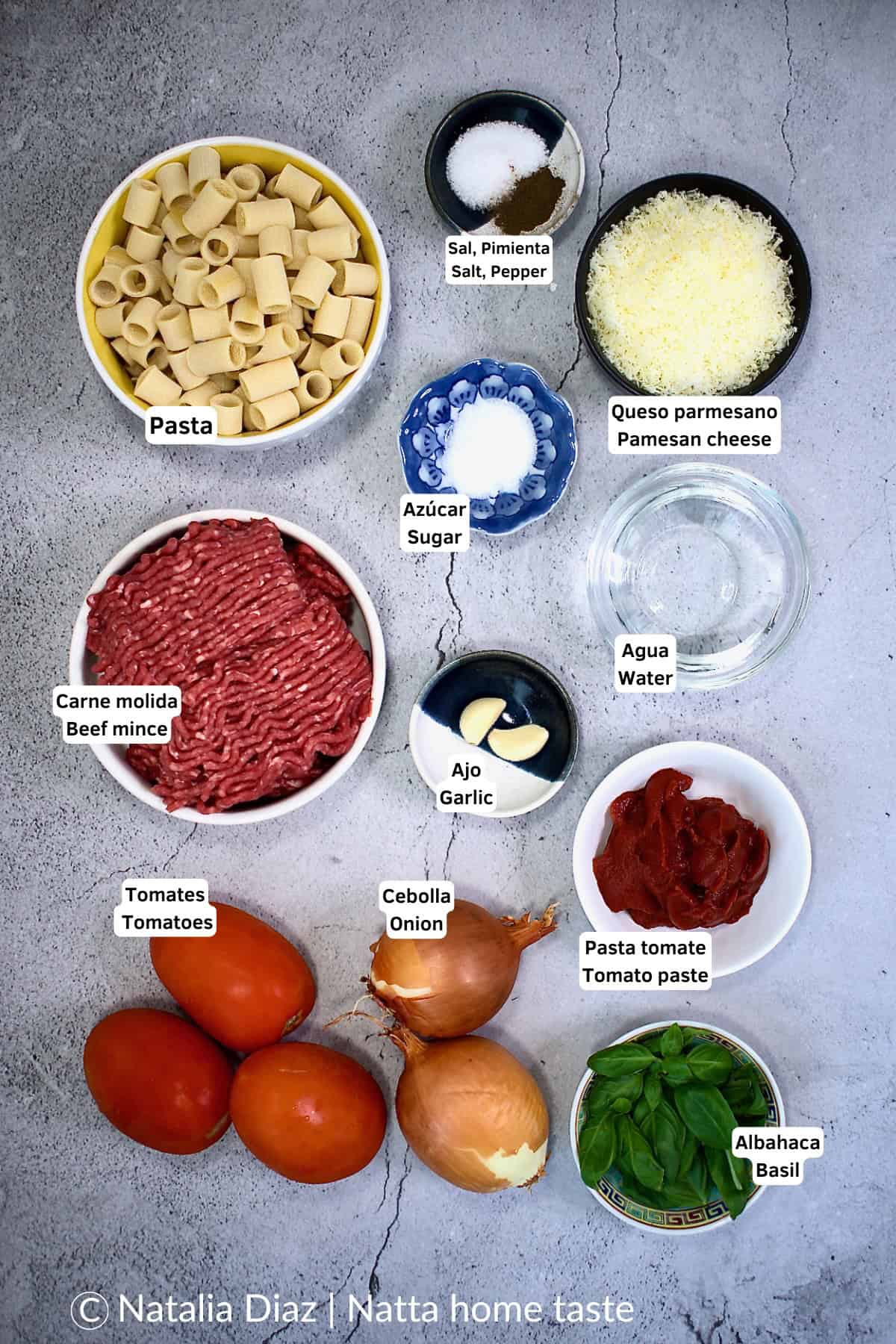 ingredientes vistos desde arriba: pasta corta, carne picada, tomates, cebolla, ajo, pasta de tomate, albahaca, queso parmesano, azúcar, sal, pimienta y agua sobre fondo gris.