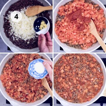 Collage paso 4: en sartén blanco con carne molida dorada se añaden cebolla y ajo; luego tomate en cubos y pasta de tomate, se incorpora azúcar y agua para cocinar la salsa.