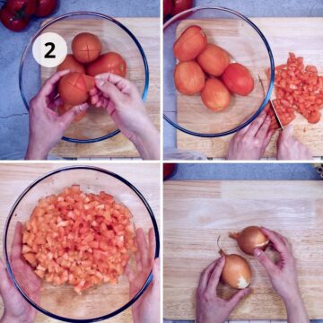 Collage paso a paso visto desde arriba: pelar tomates Roma escaldados, cortardos en cubos (bol con tomate picado) y preparar cebolla sobre tabla de madera.