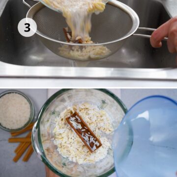 Mezcla de arroz, almendras y canela escurriéndose en un colador sobre el fregadero, y luego siendo colocada en una licuadora con agua para preparar bebida de arroz casera.