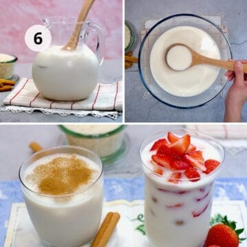 Horchata de arroz servida en jarra de vidrio, mezclada en bol y presentada en vasos individuales con canela espolvoreada o trozos de fresa, como versión cremosa y refrescante de esta bebida mexicana casera.