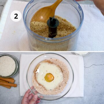 Pulpa de arroz procesada hasta obtener una harina fina en procesador de alimentos, y mezcla en un bol con huevo, leche de almendras y aceite como base para preparar muffins sin gluten.