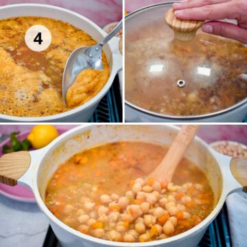 Paso 4: retirar la espuma del hervor con una cuchara, tapar la olla y hervir a fuego suave; la sopa de garbanzos queda espesa con trozos de zanahoria y apio.