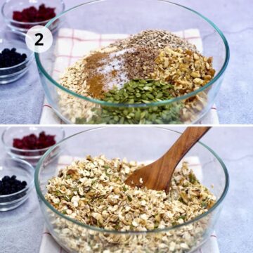 Collage de dos fotos (paso 2): en un bol de vidrio se ven avena, semillas de girasol y calabaza, nueces, linaza, canela y sal; abajo, una cuchara de madera mezcla la granola. Al fondo, tazones con arándanos secos y pasas.