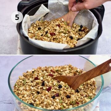Collage de dos fotos (paso 5): arriba, granola dorándose en la canasta de la freidora de aire forrada con papel mientras una mano mezcla con cuchara de madera; abajo, granola ya tostada en un bol de vidrio con arándanos y semillas, cuchara de madera y jarra de leche desenfocada al fondo.