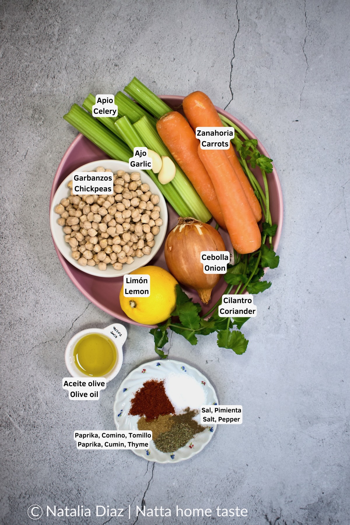 ingredientes para sopa de garbanzos casera vistos desde arriba: garbanzos secos, zanahoria, apio, cebolla, ajo, cilantro, limón, aceite de oliva y especias (paprika, comino, tomillo, sal y pimienta) sobre un plato rosa en fondo gris.