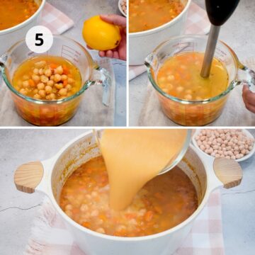 Sopa de garbanzos, paso 5: retirar parte del caldo con garbanzos a una jarra medidora, añadir jugo de limón, licuar con batidora de mano y devolver a la olla para lograr textura más cremosa.