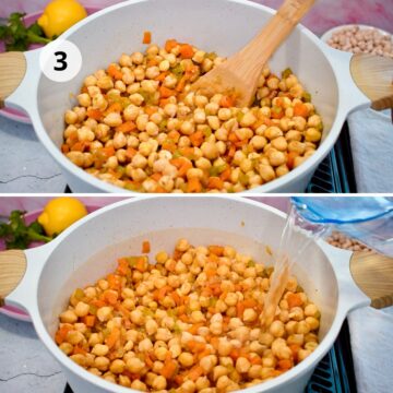 Paso 3: garbanzos cocidos salteados con sofrito de zanahoria y apio en olla blanca; luego se agrega agua para cubrir.