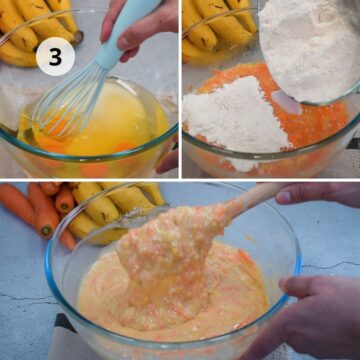 Collage de tres pasos numerado “3”:
arriba izquierda, un batidor mezcla huevos en un bol de vidrio;
arriba derecha, se incorporan secos tamizados sobre una mezcla para pastel de zanahoria y plátano;
abajo, una espátula integra una masa espesa con zanahoria rallada visible, lista para verter en los moldes.