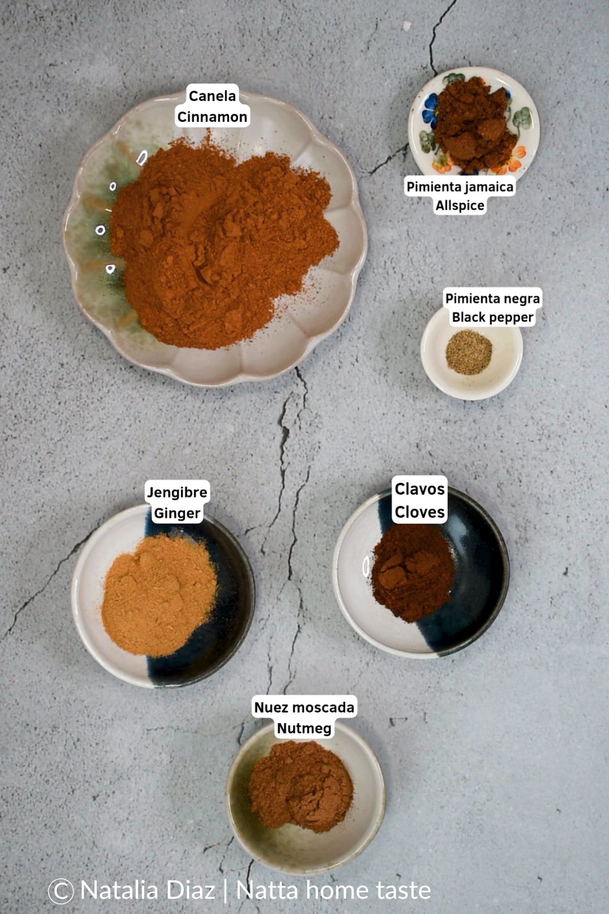 canela, jengibre, clavo, nuez moscada, pimienta de Jamaica y pimienta negra, presentados en pequeños platos sobre fondo gris.