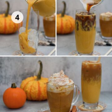 Preparación del Iced Pumpkin Spice Latte casero: se vierte la mezcla de leche con puré de calabaza y especias sobre hielo, se añade café y se sirve frío, con o sin crema batida.