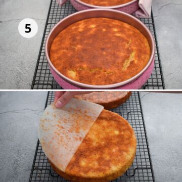 Dos imágenes del paso “5”:
arriba, dos bizcochos de zanahoria y banana horneados dentro de moldes descansan sobre rejillas;
abajo, una mano retira el papel de la base de uno de los bizcochos ya desmoldado sobre la rejilla.