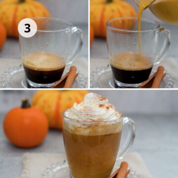 Servir el Pumpkin Spice Latte casero: se vierte la leche especiada sobre el café y se decora con crema batida y canela, para obtener una bebida cremosa y aromática de calabaza y especias.