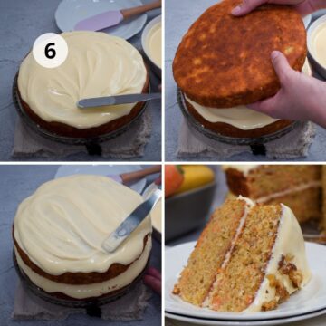Collage del paso 6: se extiende frosting cremoso sobre la primera capa, se coloca la segunda capa, se alisa la superficie y se muestra una rebanada servida en plato.