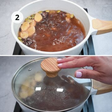 Dos pasos del proceso para preparar la receta: en la primera imagen, una olla blanca las especias hirviendo; en la segunda, una mano colocando la tapa para dejar reposar la infusión.