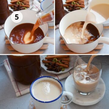 Tres pasos para servir el té chai con leche: mezcla del concentrado de chai con leche en una olla blanca, luego servido caliente en taza esmaltada y frío en vaso con hielo, con especias de fondo como canela, anís y cardamomo.
