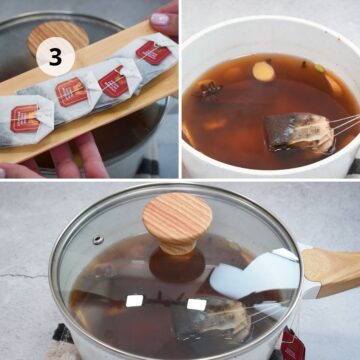Tres pasos del proceso de preparación del té chai casero: en la primera imagen se muestran las bolsitas de té negro English Breakfast; en la segunda, una de ellas sumergida en la infusión de especias; y en la tercera, la olla tapada mientras el té reposa para concentrar el sabor.