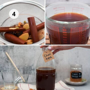 Tres pasos finales del té chai casero: colado de las especias, jarra medidora con el concentrado de color ámbar oscuro, y botella de vidrio etiquetada como “Chai tea” lista para guardar o servir.