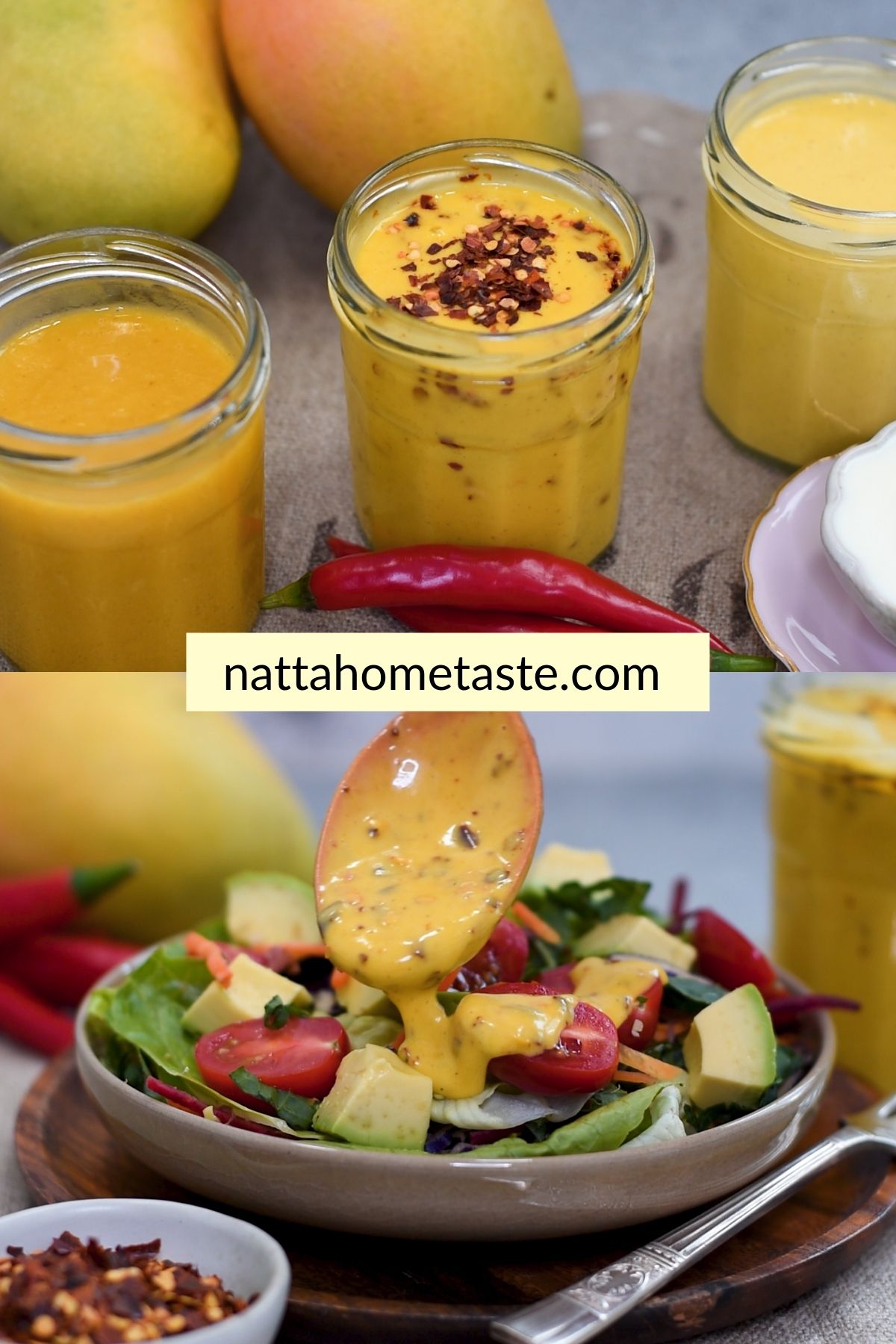 Cuchara vertiendo vinagreta de mango sobre una ensalada con aguacate, tomates cherry y vegetales frescos, junto a frascos de aderezo de mango.