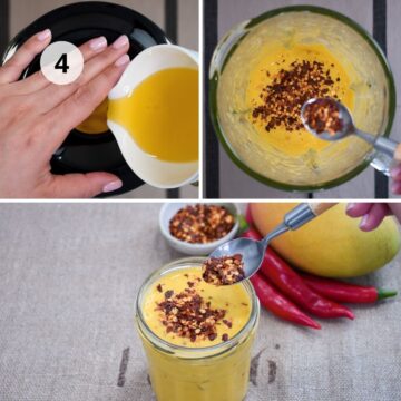 Añadir aceite de oliva para emulsionar el aderezo y mezclar hojuelas de chili para aportar un toque picante.