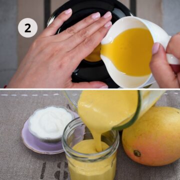 Vinagreta cremosa de mango servida en un frasco.