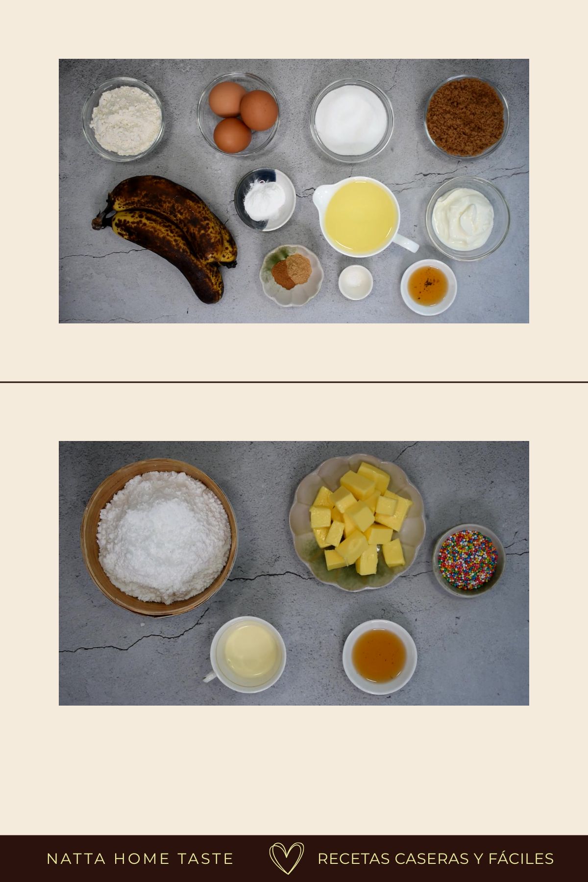 Ingredientes para preparar una torta de cumpleaños de banana y crema de mantequilla, incluyendo bananas maduras, huevos, harina, azúcar, yogur griego, aceite, especias, mantequilla, azúcar glas y grageas de colores.