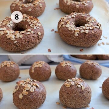 Panes de avena sin huevo horneados en forma de bagels y rollitos, decorados con hojuelas de avena.