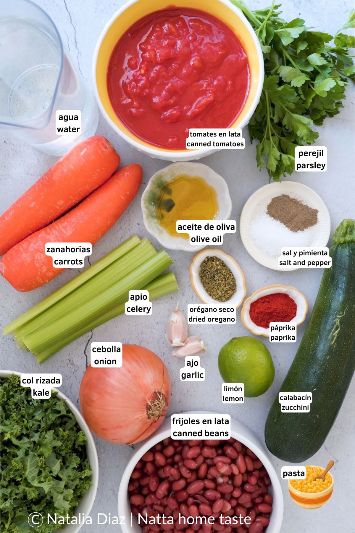 Ingredientes para sopa minestrone vegetariana: tomates, frijoles, pasta, calabacín, kale, zanahoria, apio, cebolla, ajo, y especias.